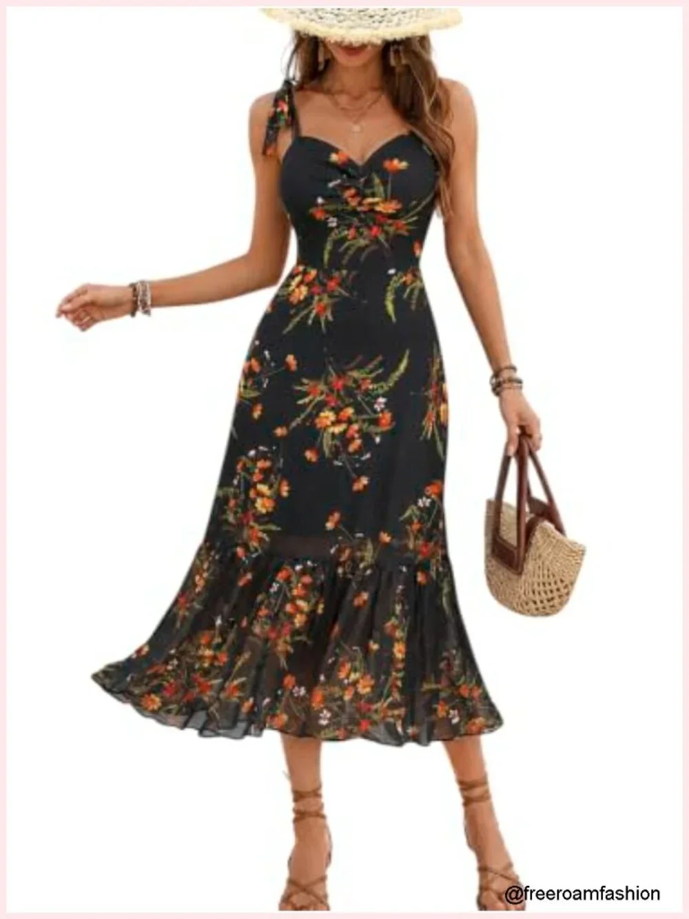 Floral Mesh Midi Dress Sweetheart Neck Tie Straps Ruffle
